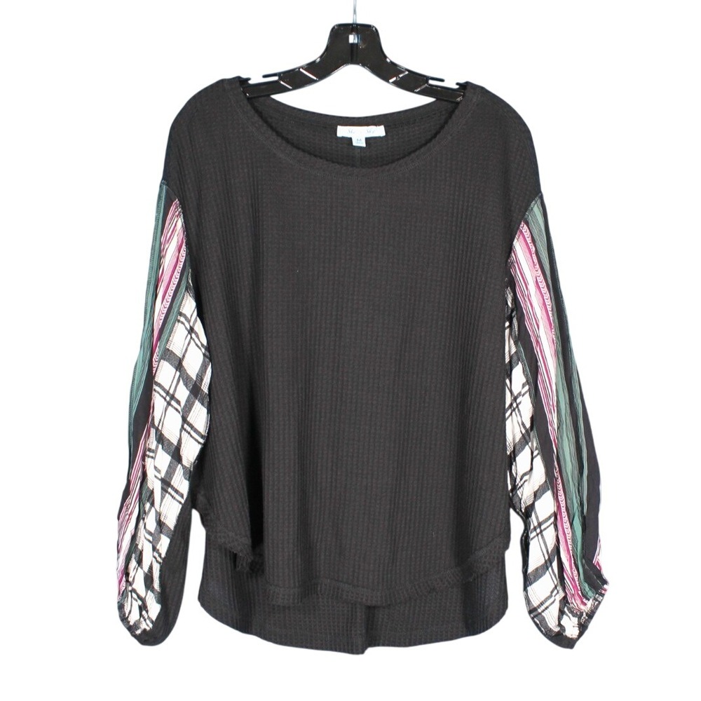 SHE + SKY Lightweight WAFFLE KNIT Plaid Stripes PATCHWORK SLEEVES Blouse/Top M